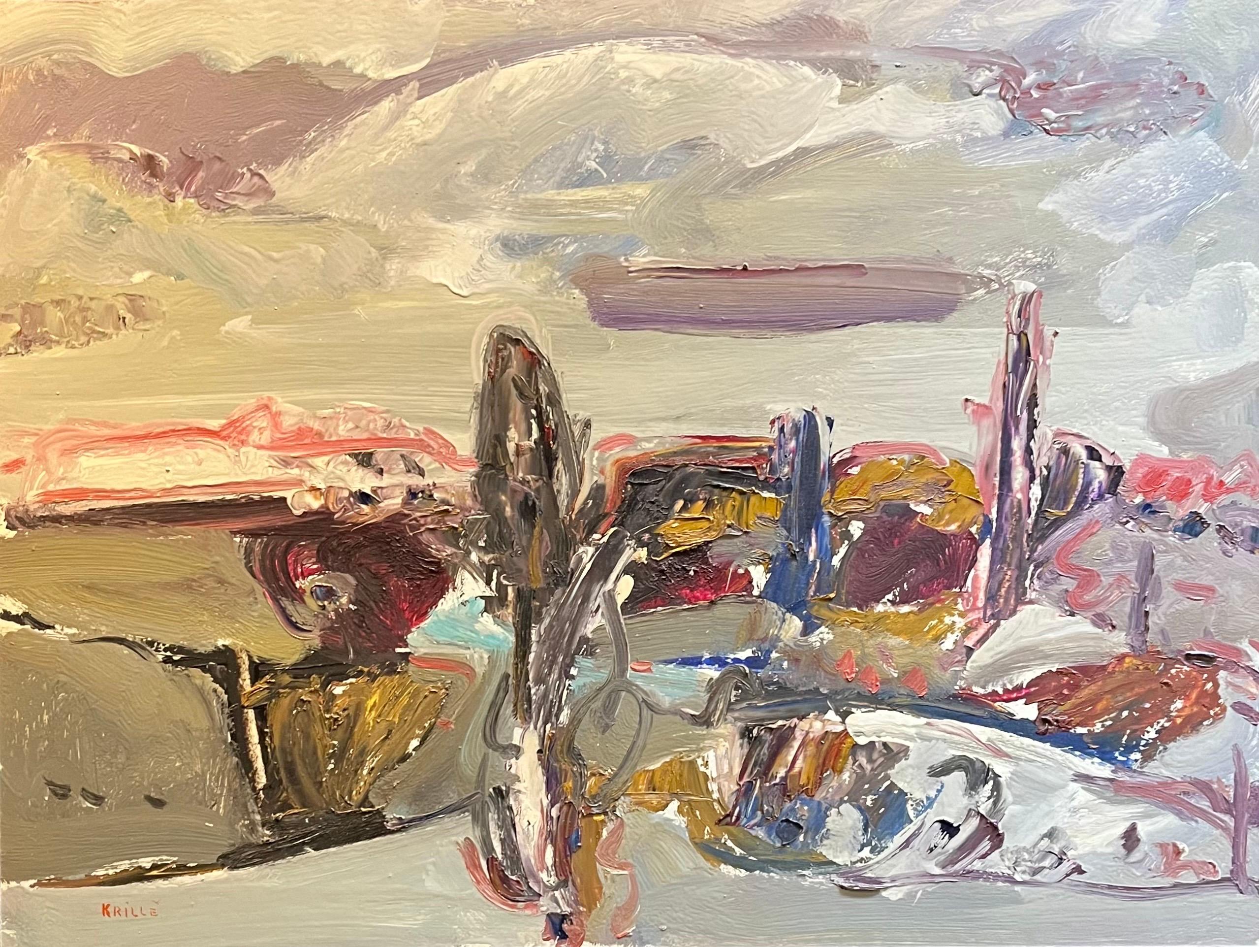 Jean Krillé’s paintings are known for their expressive use of color and dynamic, abstract forms, blending realism with abstraction in his depictions of nature. His landscapes often feature dramatic skies, with swirling clouds and sweeping