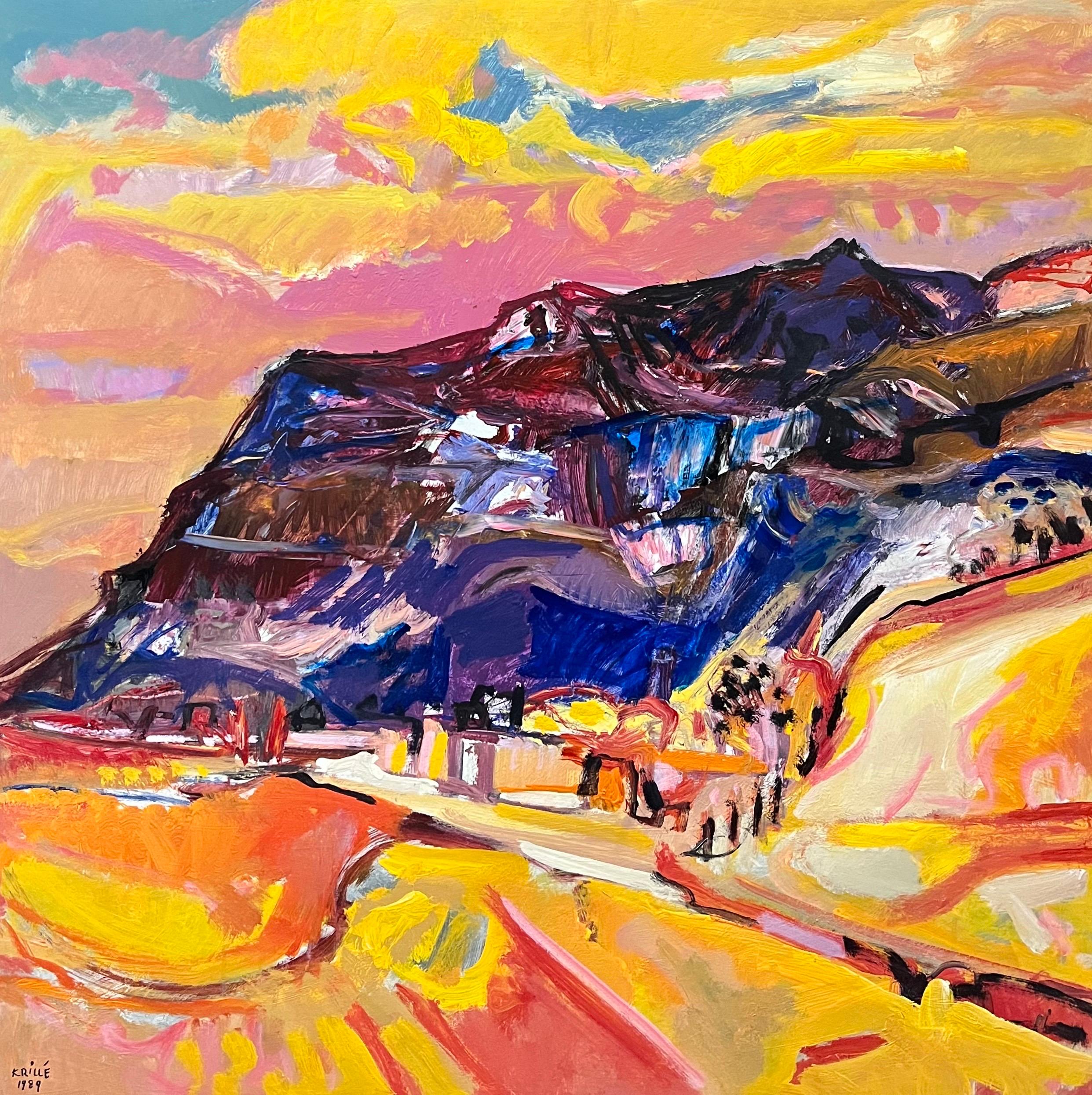 Jean Krillé’s paintings are known for their expressive use of color and dynamic, abstract forms, blending realism with abstraction in his depictions of nature. His landscapes often feature dramatic skies, with swirling clouds and sweeping