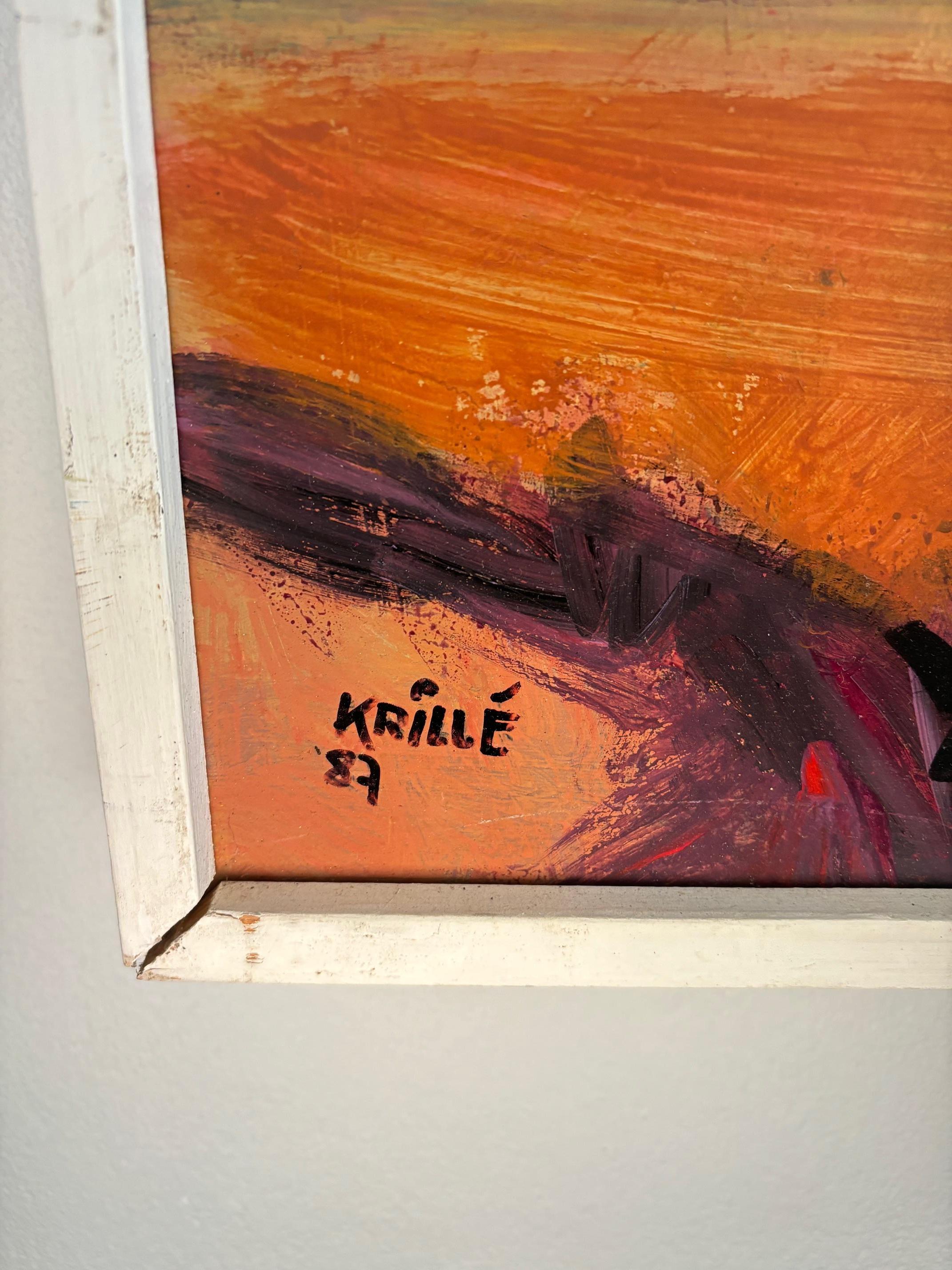 Öl auf Masonit, verkauft mit Rahmen
Gesamtgröße mit Rahmen 102x102 cm

Jean Krillé ist ein Schweizer Künstler aus Genf, der für seine bedeutenden Beiträge zur zeitgenössischen Kunst bekannt ist. Der im 20. Jahrhundert geborene Krillé wurde für