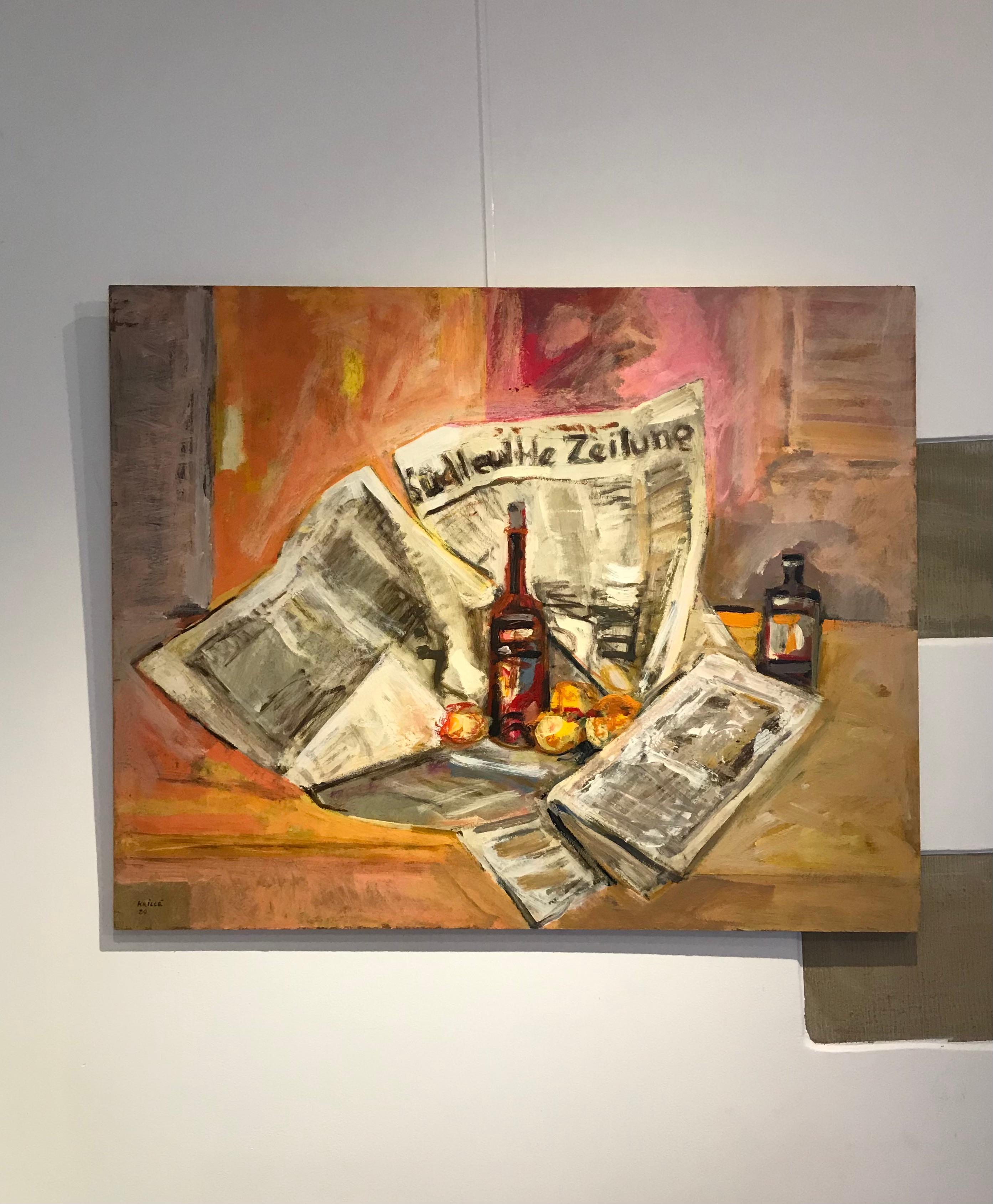 Still life with newspaper by Jean Krillé - Oil on wood 80x100 cm - Painting by Jean Krille