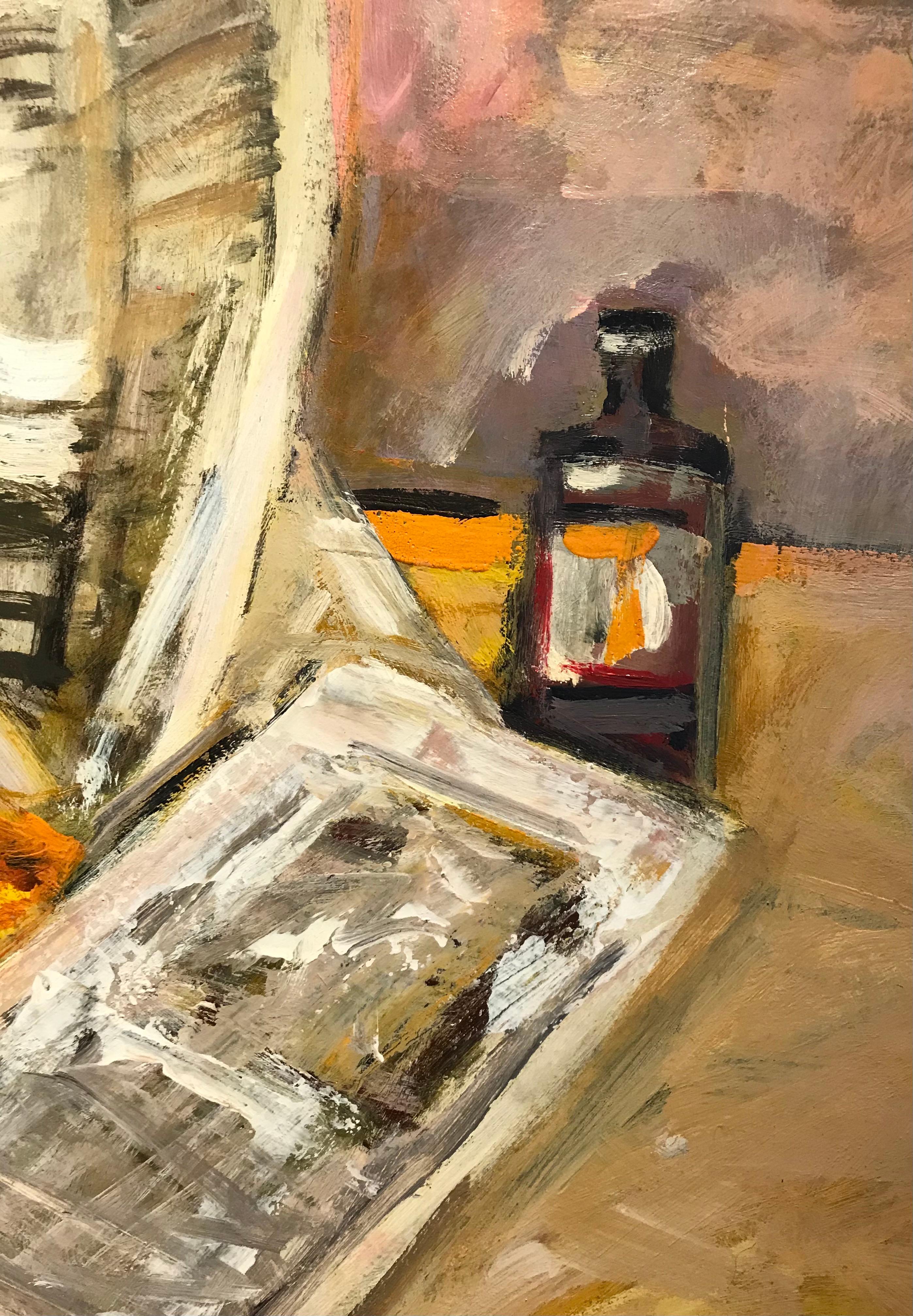 Still life with newspaper by Jean Krillé - Oil on wood 80x100 cm - Brown Still-Life Painting by Jean Krille