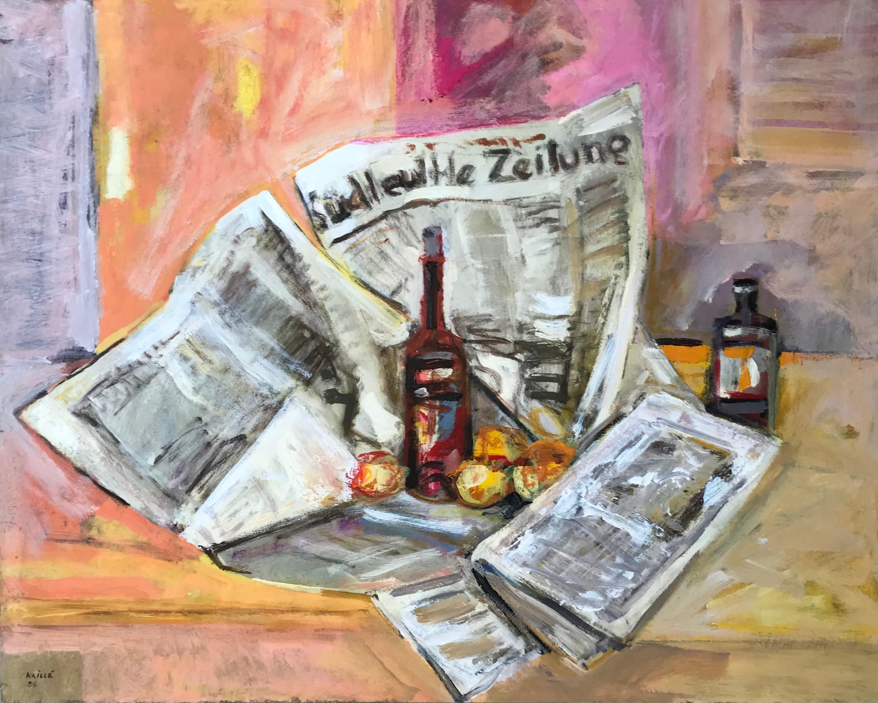 Jean Krille Still-Life Painting - Still life with newspaper by Jean Krillé - Oil on wood 80x100 cm