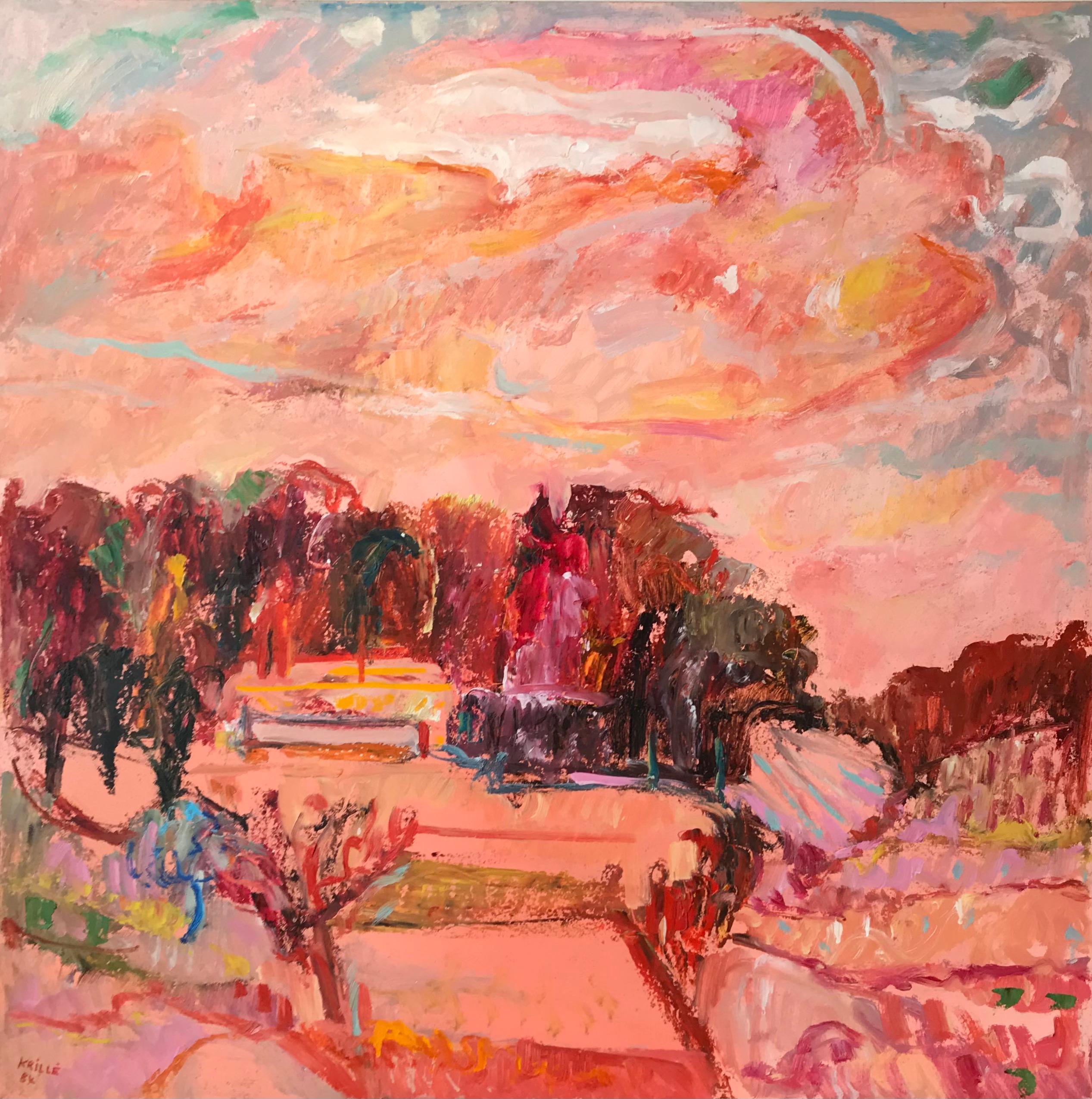 Jean Krille Landscape Painting - Pink storm - Tableau n°11 by Jean Krillé - Oil on wood 100x100 cm