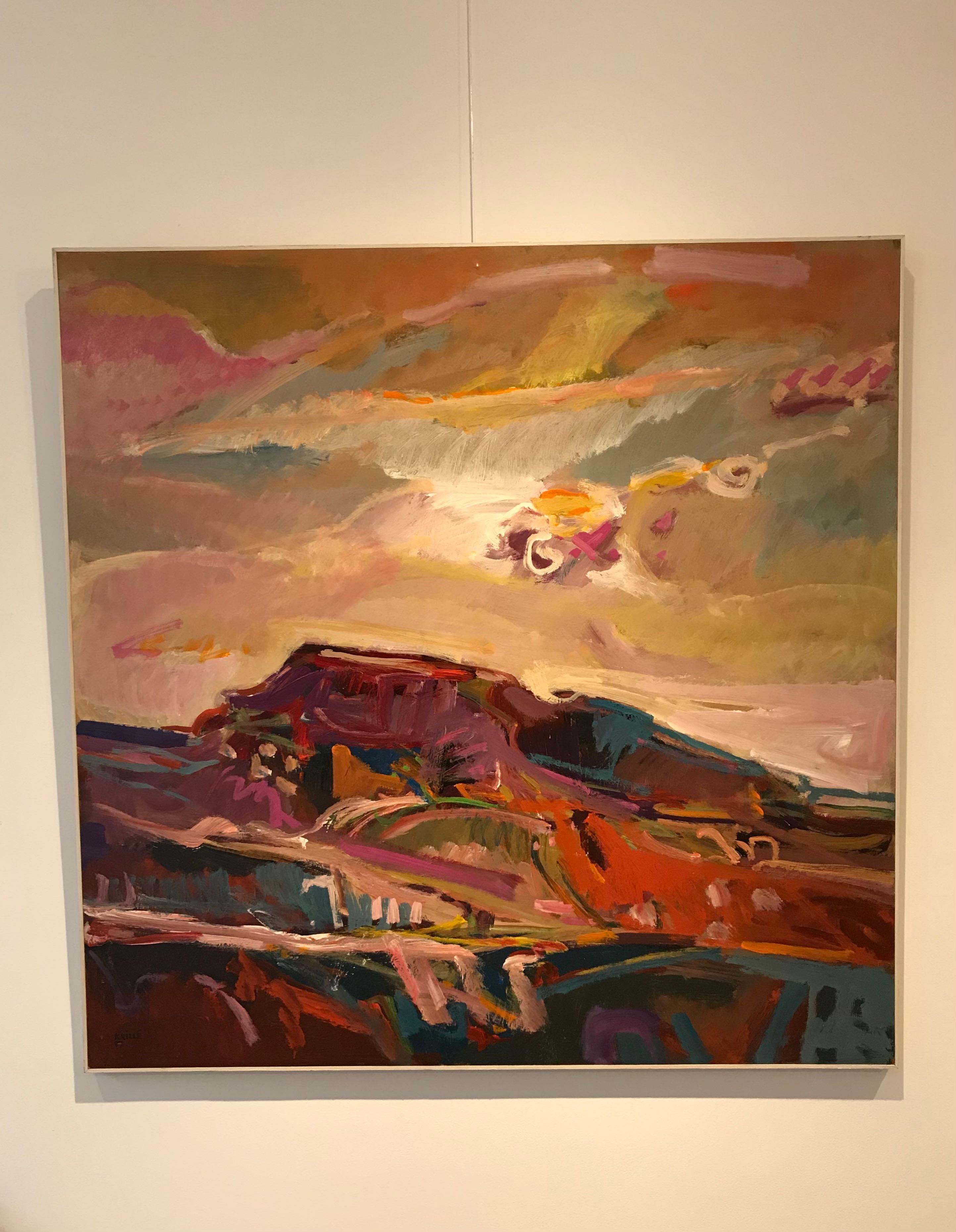 Sunset - Tableau n°13 by Jean Krillé - Oil on wood 100x100 cm - Painting by Jean Krille