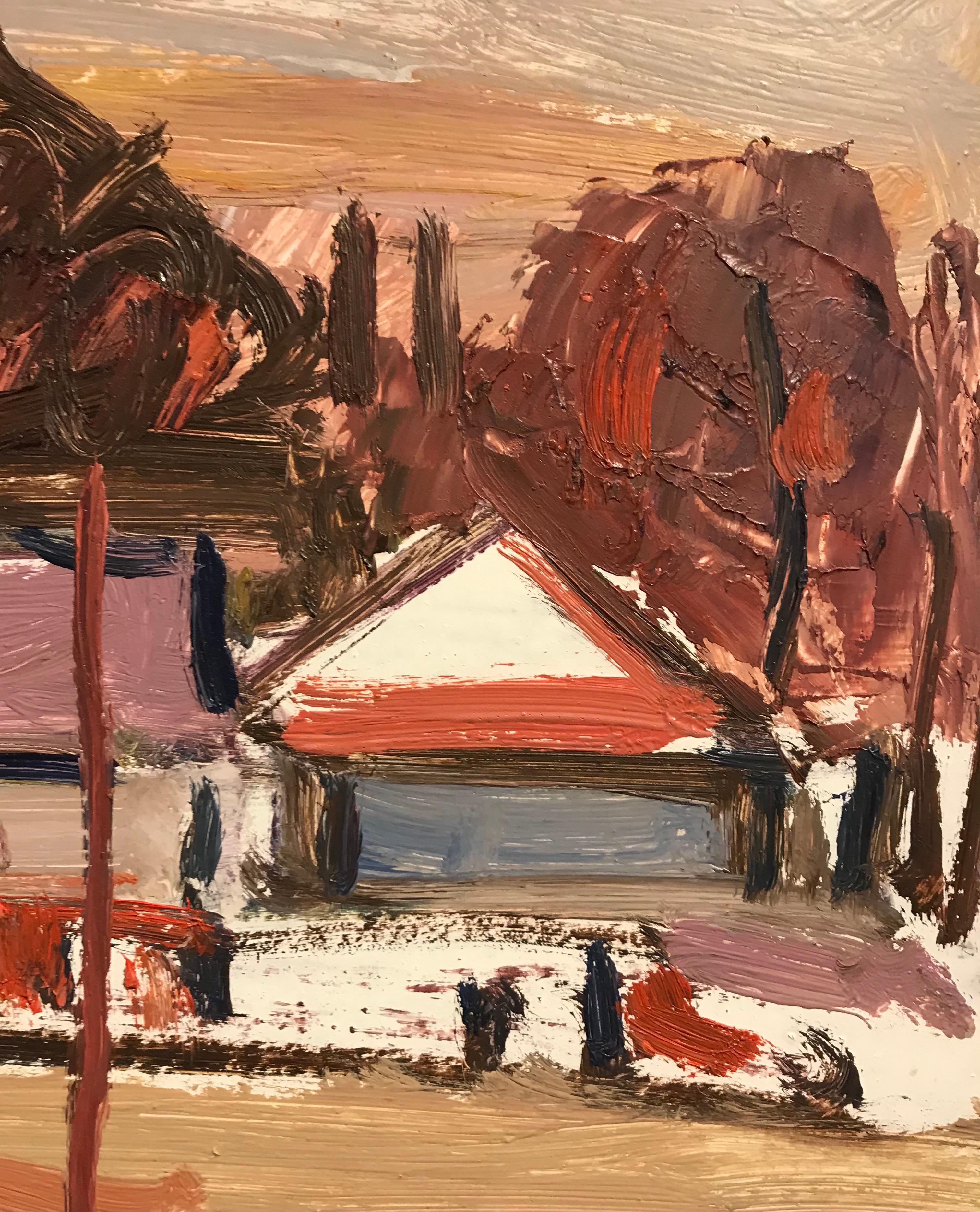 Tableau n°45 de Jean Krillé - Huile sur carton  - Marron Landscape Painting par Jean Krille