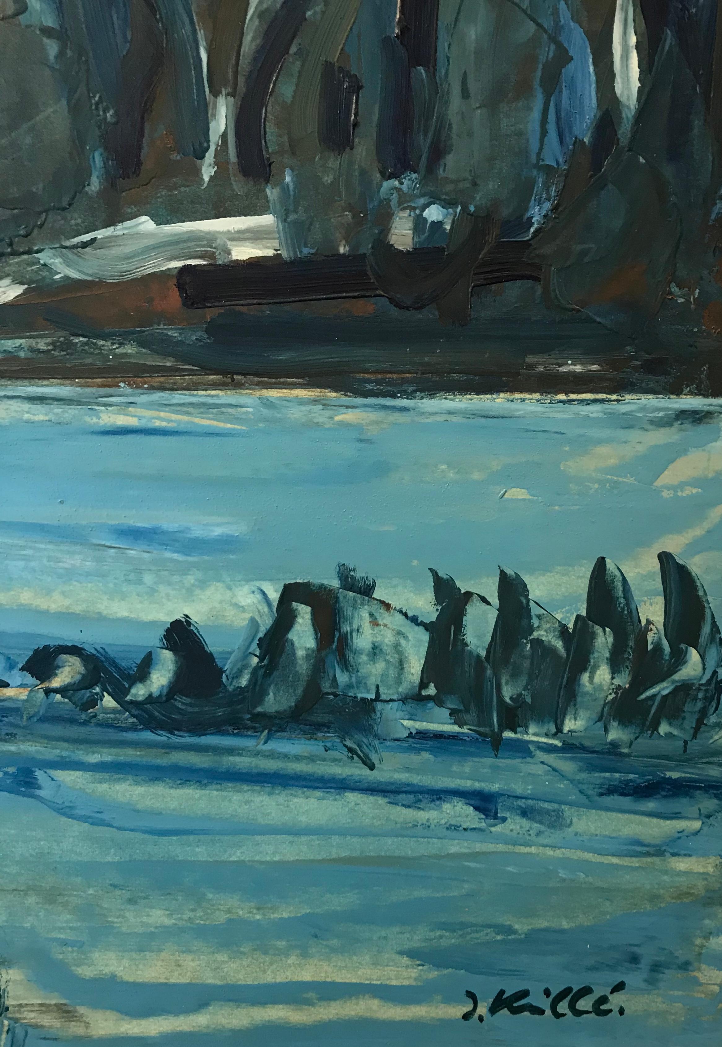 Tableau n°57 de Jean Krillé - Huile sur bois - Bleu Landscape Painting par Jean Krille