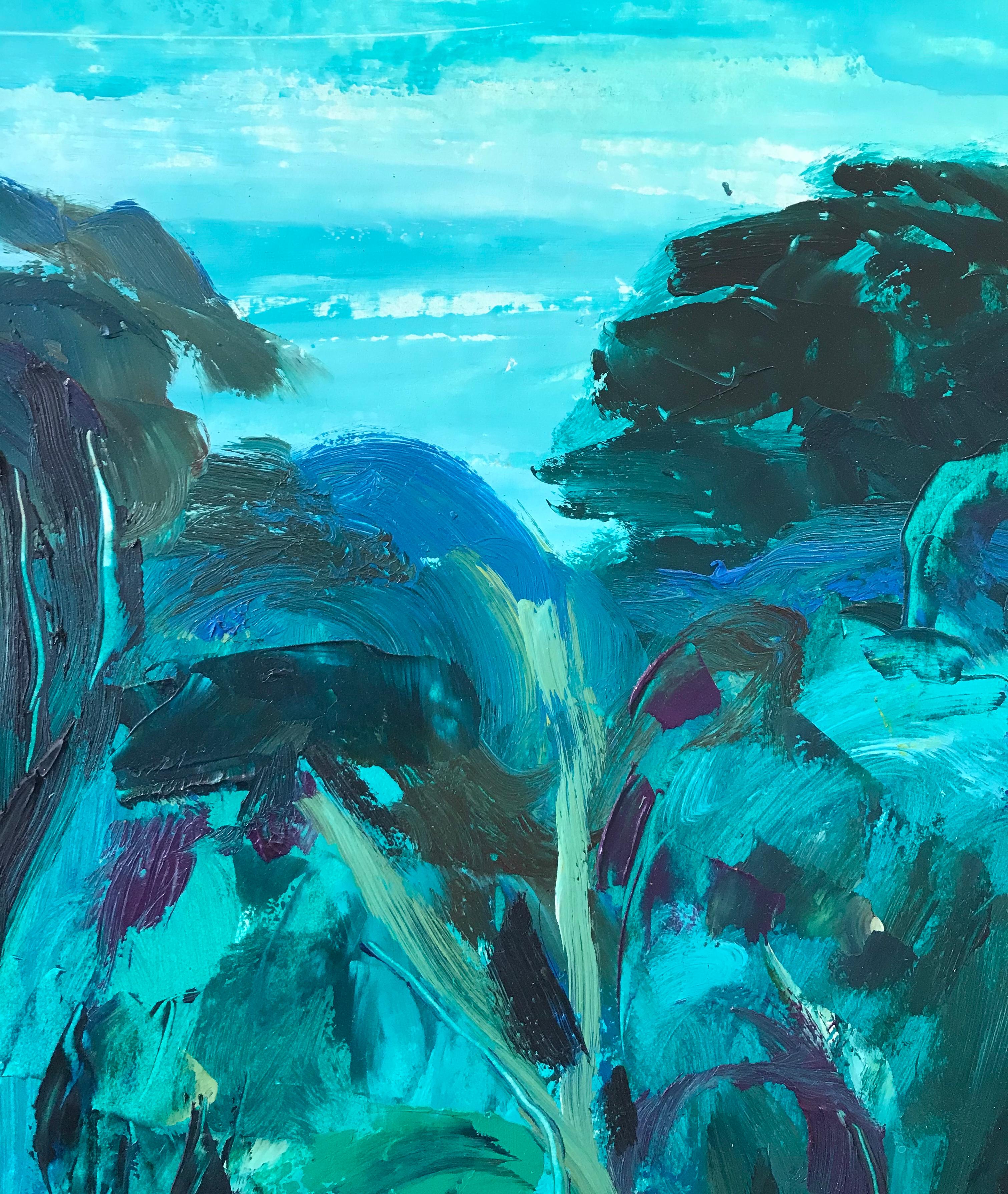 Tableau n°60 de Jean Krillé - Huile sur papier et toile - Bleu Landscape Painting par Jean Krille