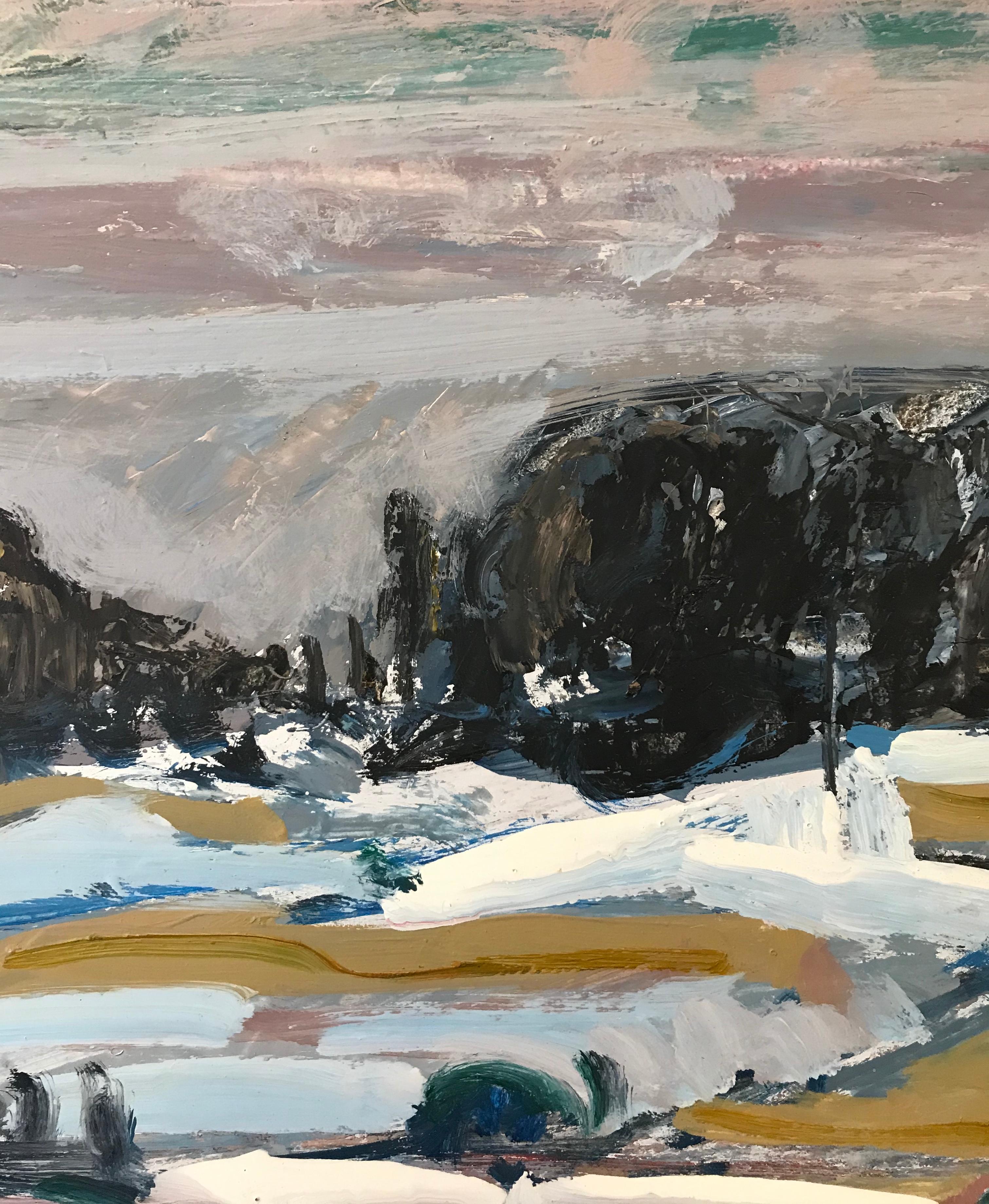 Tableau n°63 de Jean Krillé - Huile sur bois 41x60 cm - Gris Landscape Painting par Jean Krille