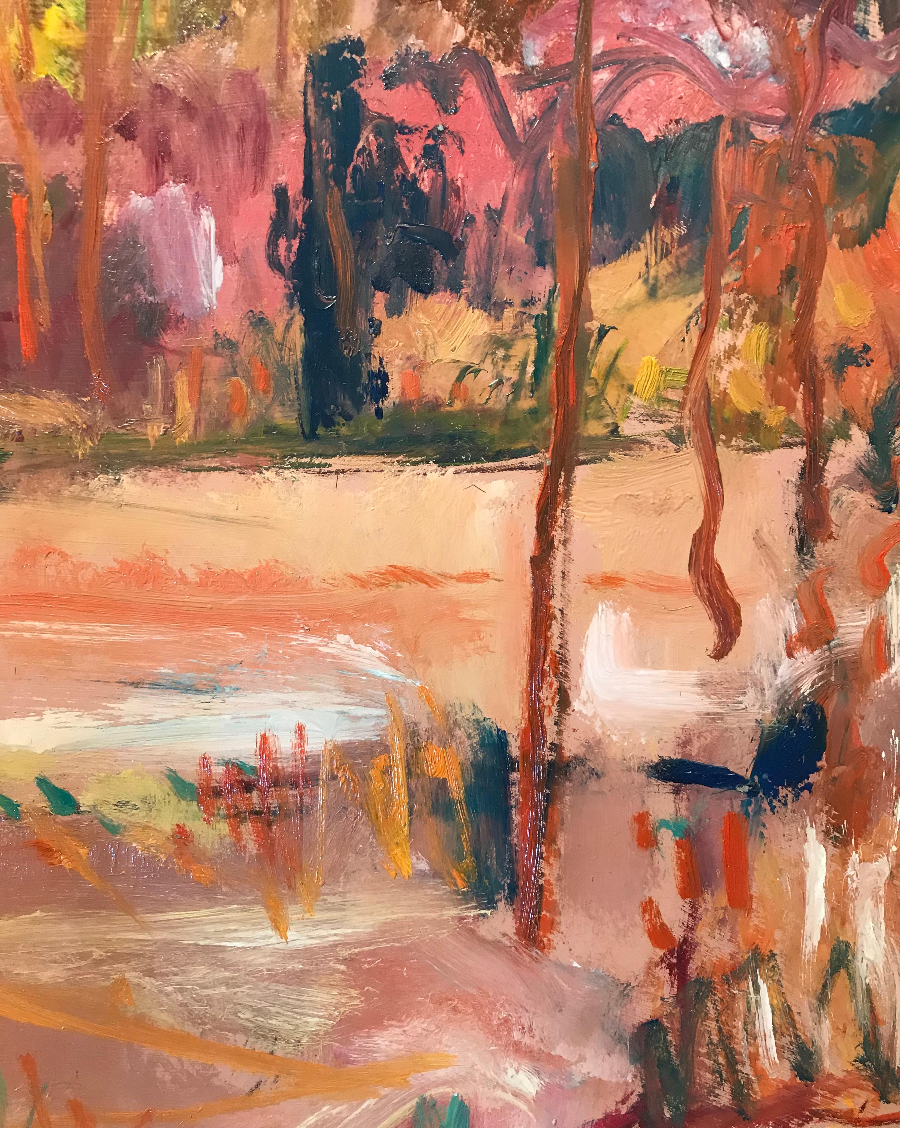Tableau n°75 by Jean Krillé - Oil on wood 80x100 cm - Orange Landscape Painting by Jean Krille