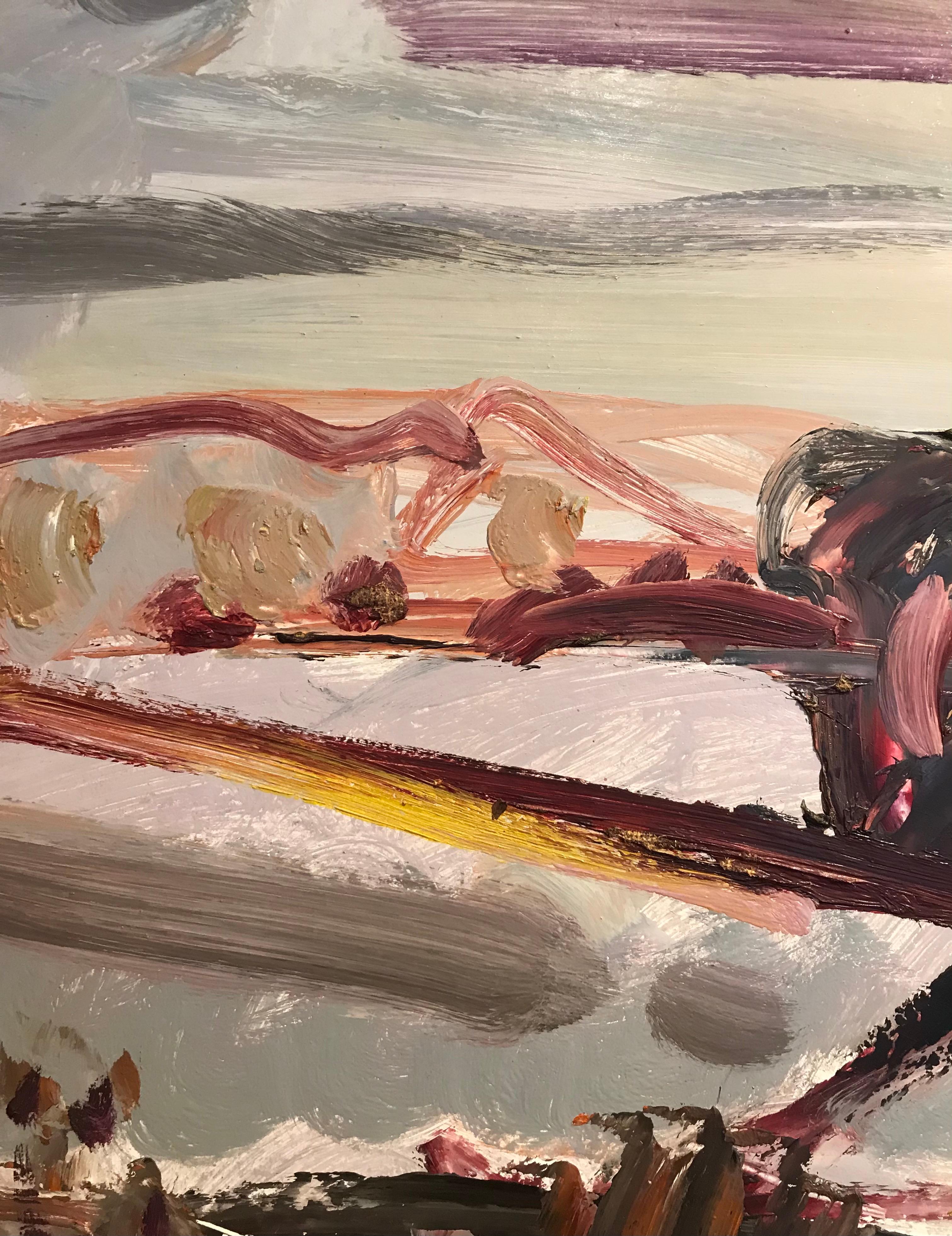 Tableau n°80 de Jean Krillé - Huile sur bois 75x100 cm - Gris Landscape Painting par Jean Krille