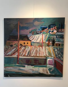 View of the vineyards of the village - n°81 by Jean Krillé - Oil on wood 100x100