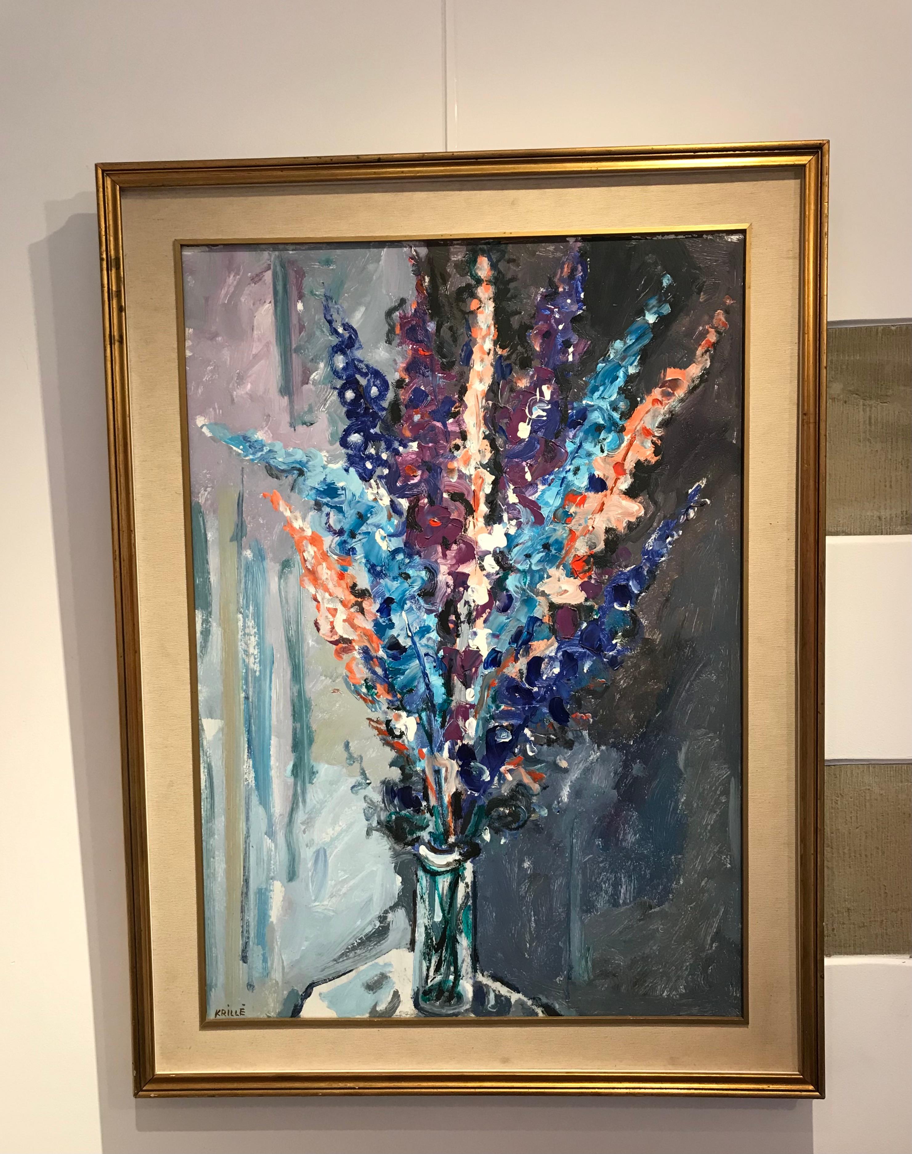 Jarrón de colores de Jean Krillé - Óleo sobre madera 92x65 cm - Painting de Jean Krille
