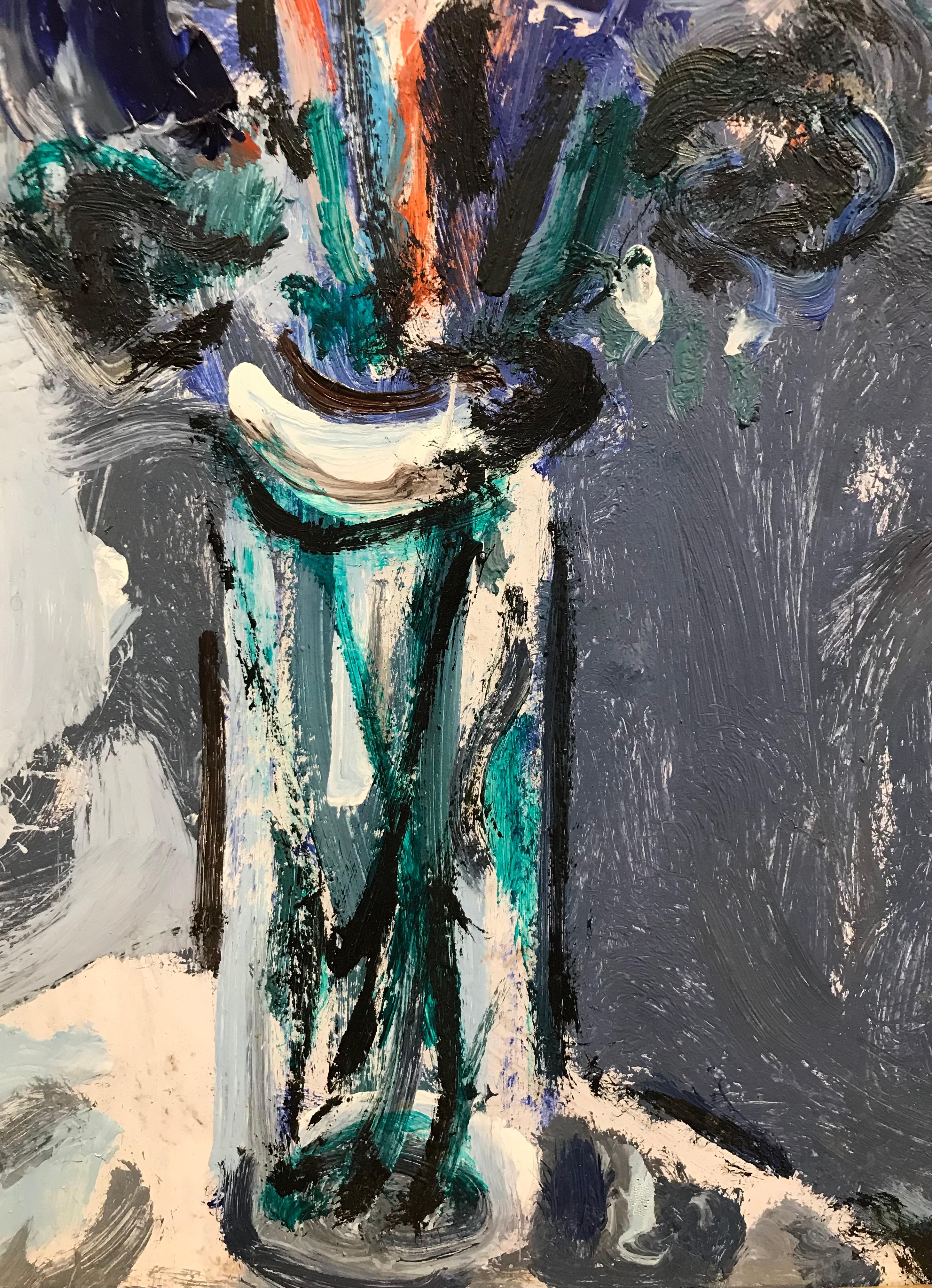 Jarrón de colores de Jean Krillé - Óleo sobre madera 92x65 cm - Still-Life Painting Gris de Jean Krille