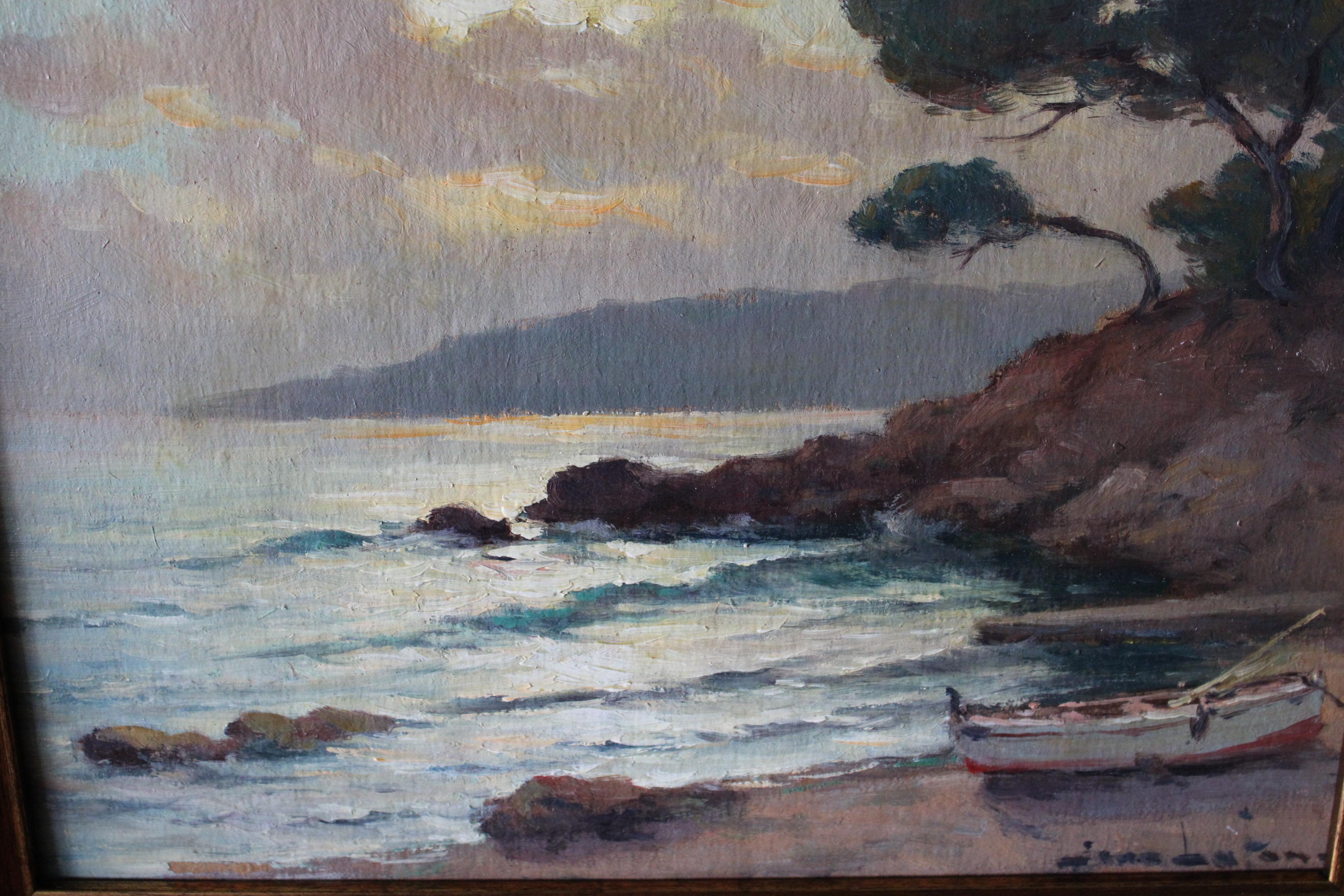Paesaggio marino dipinto ad olio vintage originale dell'artista francese Jean Lafon 1