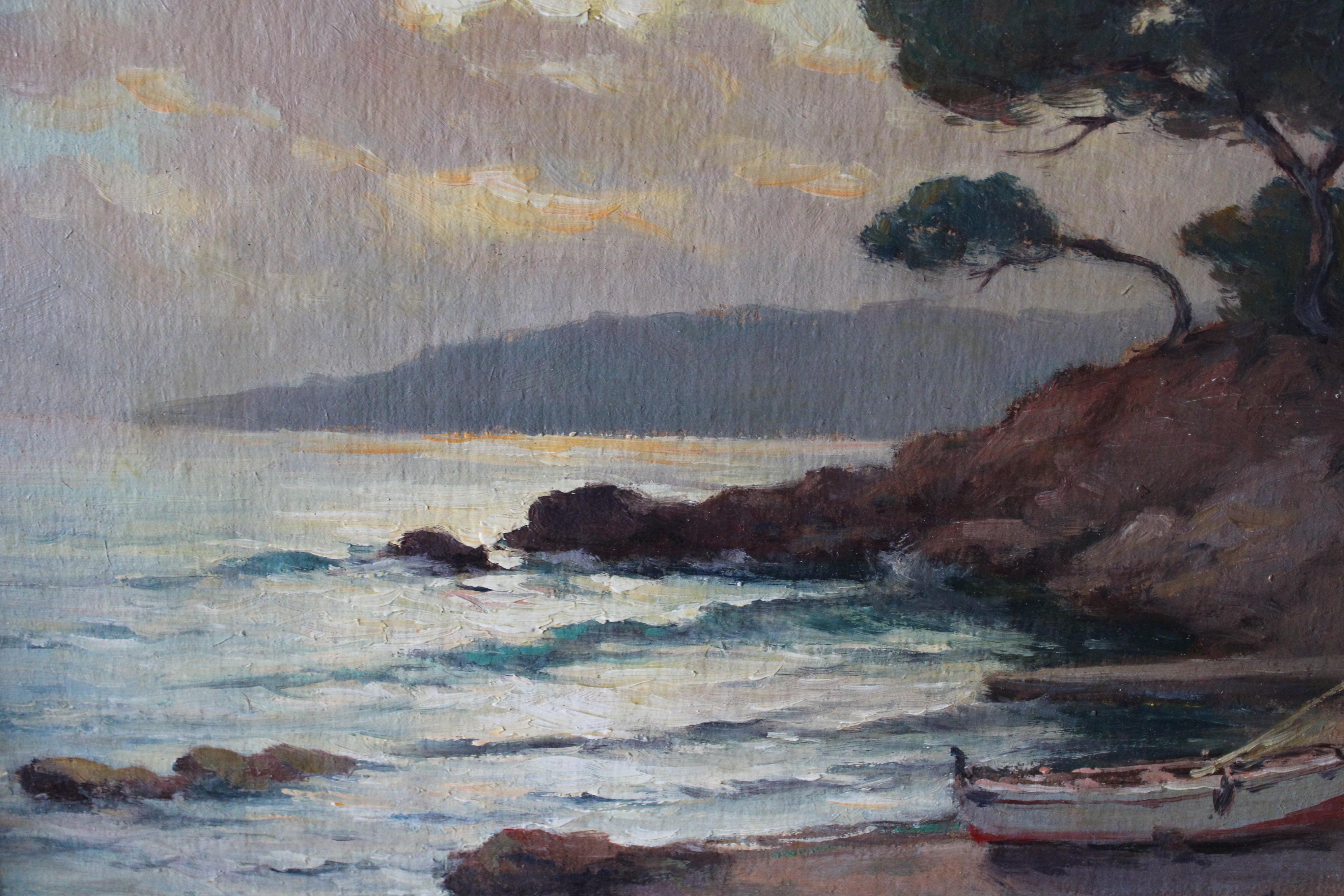 Paesaggio marino dipinto ad olio vintage originale dell'artista francese Jean Lafon 5