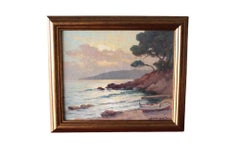 Paesaggio marino dipinto ad olio vintage originale dell'artista francese Jean Lafon