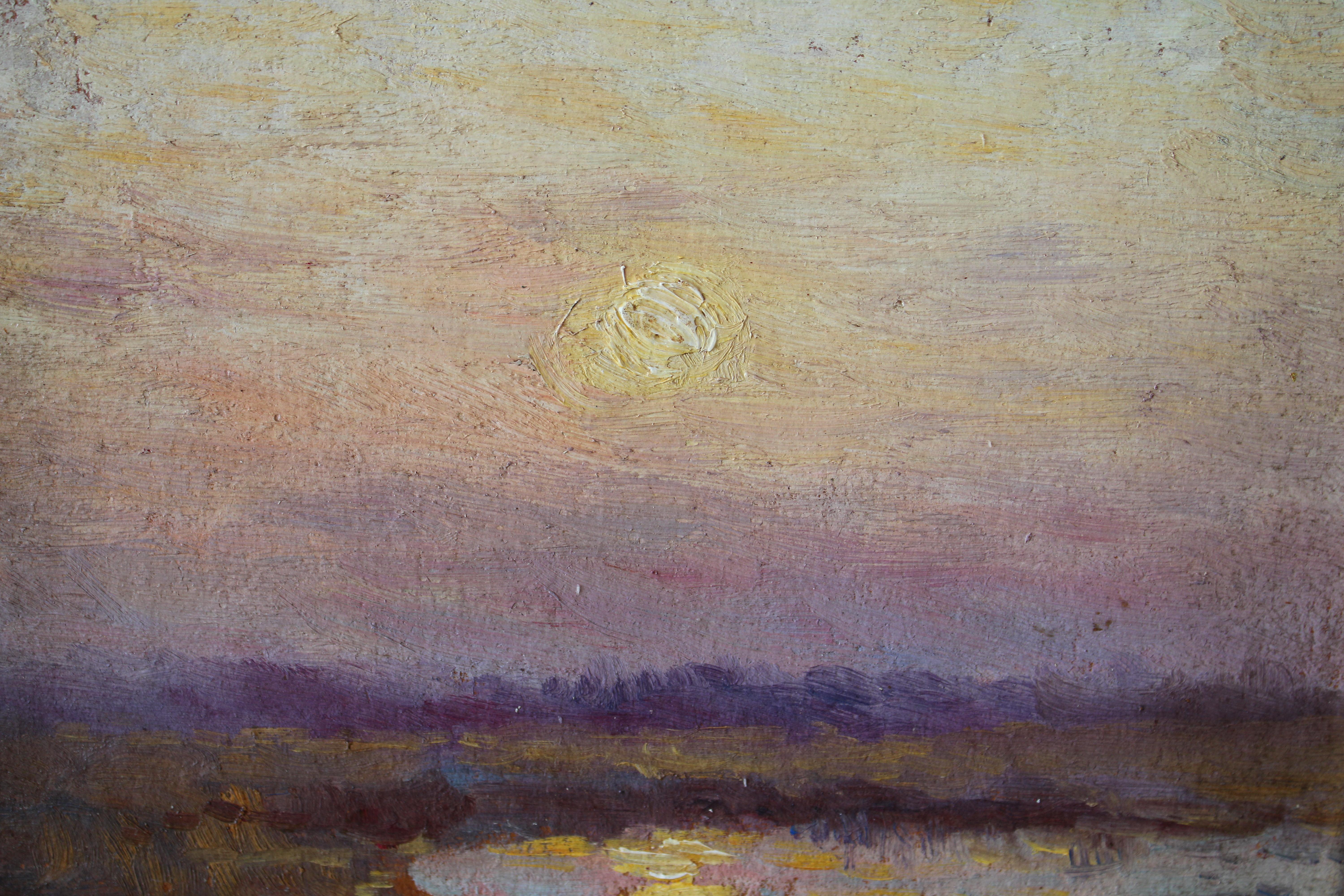 Vintage Post Impressionist gerahmt Ölgemälde auf Karton von Französisch Künstler Jean Lafon (1886-1973) Dieses kleine Juwel von einem Gemälde ist sehr schön.  Der Künstler hat einen Sonnenuntergang mit ruhiger und dramatischer Wirkung eingefangen. 