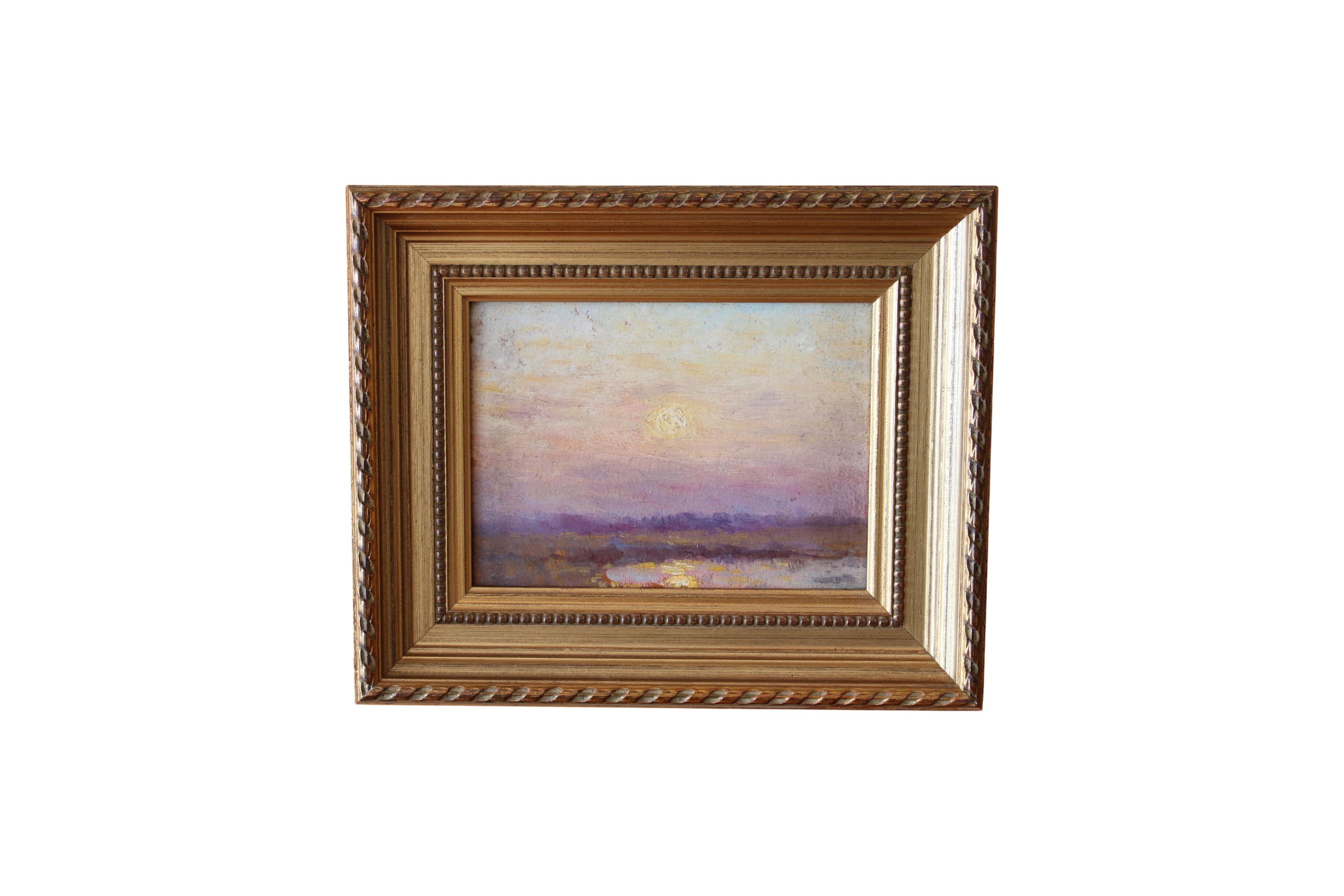 Vintage Post-Impressionist French landscape oil painting setting sun