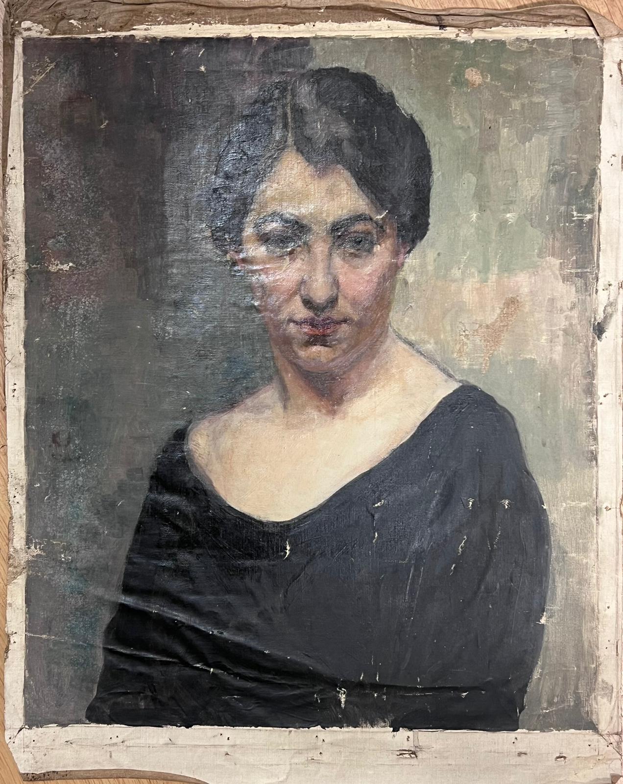 1930's French Oil Portrait Atmospheric Moody Atmosphere Lady in Black Dress - Painting by Jean Laforgue