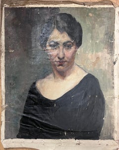 1930's French Oil Portrait Atmospheric Moody Atmosphere Lady in Black Dress