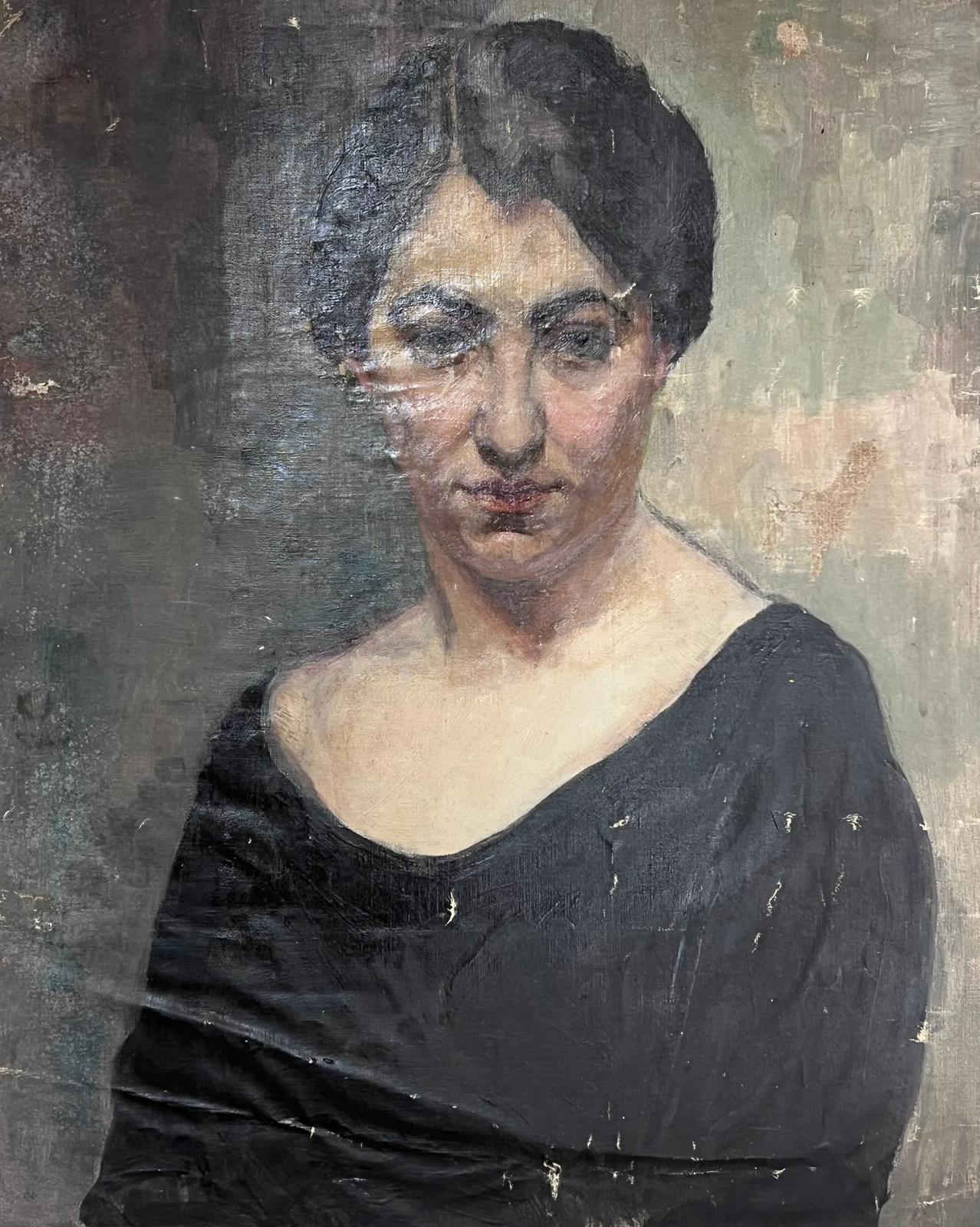 Jean Laforgue Figurative Painting - 1930's French Oil Portrait Atmospheric Moody Atmosphere Lady in Black Dress