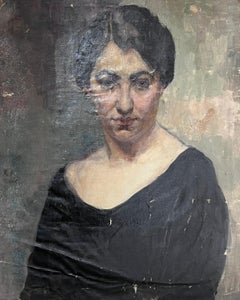 1930's French Oil Portrait Atmospheric Moody Atmosphere Lady in Black Dress