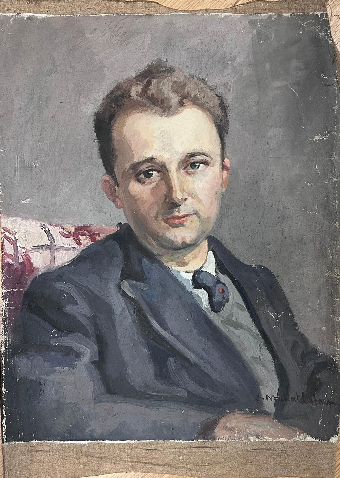 1930 Retrato francés de hombre joven con traje y corbata Pintura al óleo sobre lienzo - Painting de Jean Laforgue
