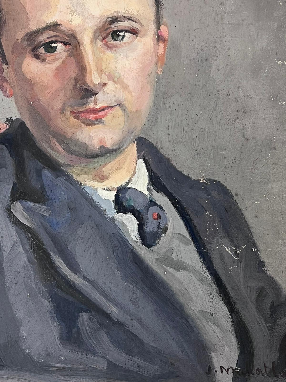 1930's French Portrait of Young Man in Suit & Tie Oil Painting on Canvas For Sale 3