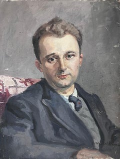 Portrait d'un jeune homme en costume et cravate, peinture à l'huile sur toile des années 1930