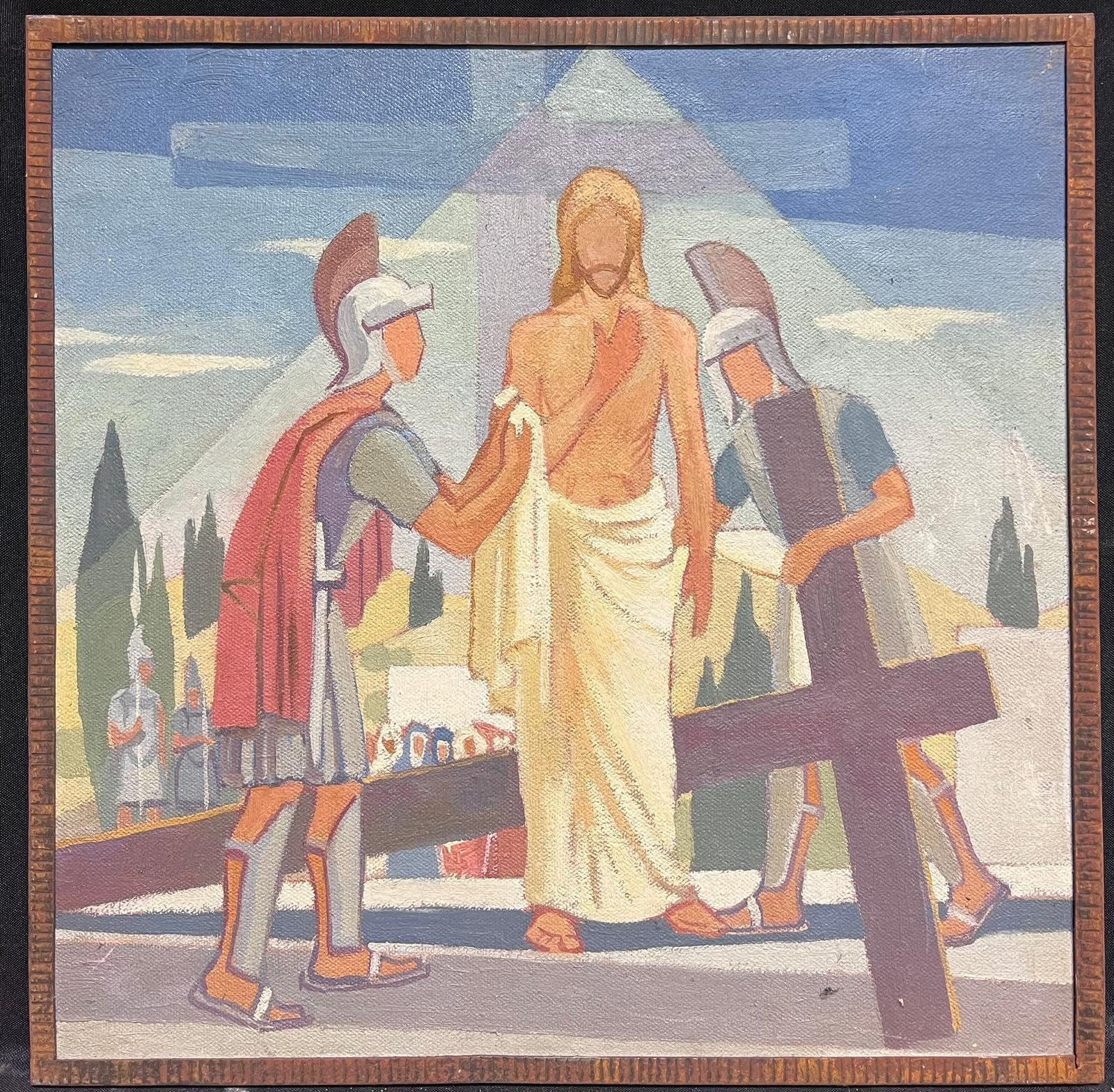 1950's French Cubist/ Modernist Oil Painting One of the Stations of the Cross  - Gray Landscape Painting by Jean Laforgue