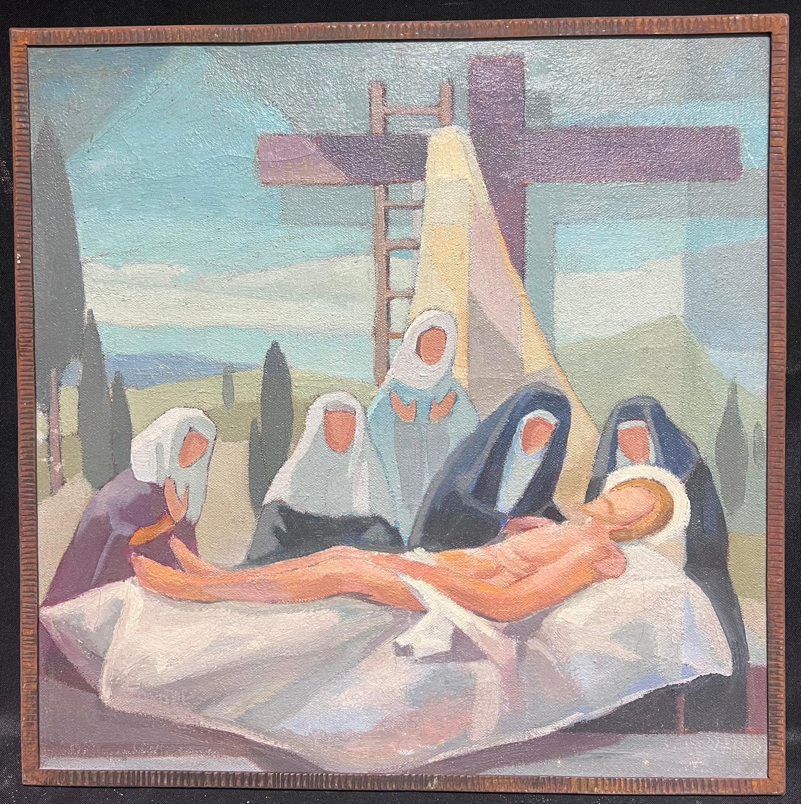 1950's French Cubist/ Modernist Oil Painting One of the Stations of the Cross  - Gray Landscape Painting by Jean Laforgue