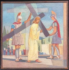 Pittura a olio cubista/modernista francese del 1950: una delle stazioni della Via Crucis