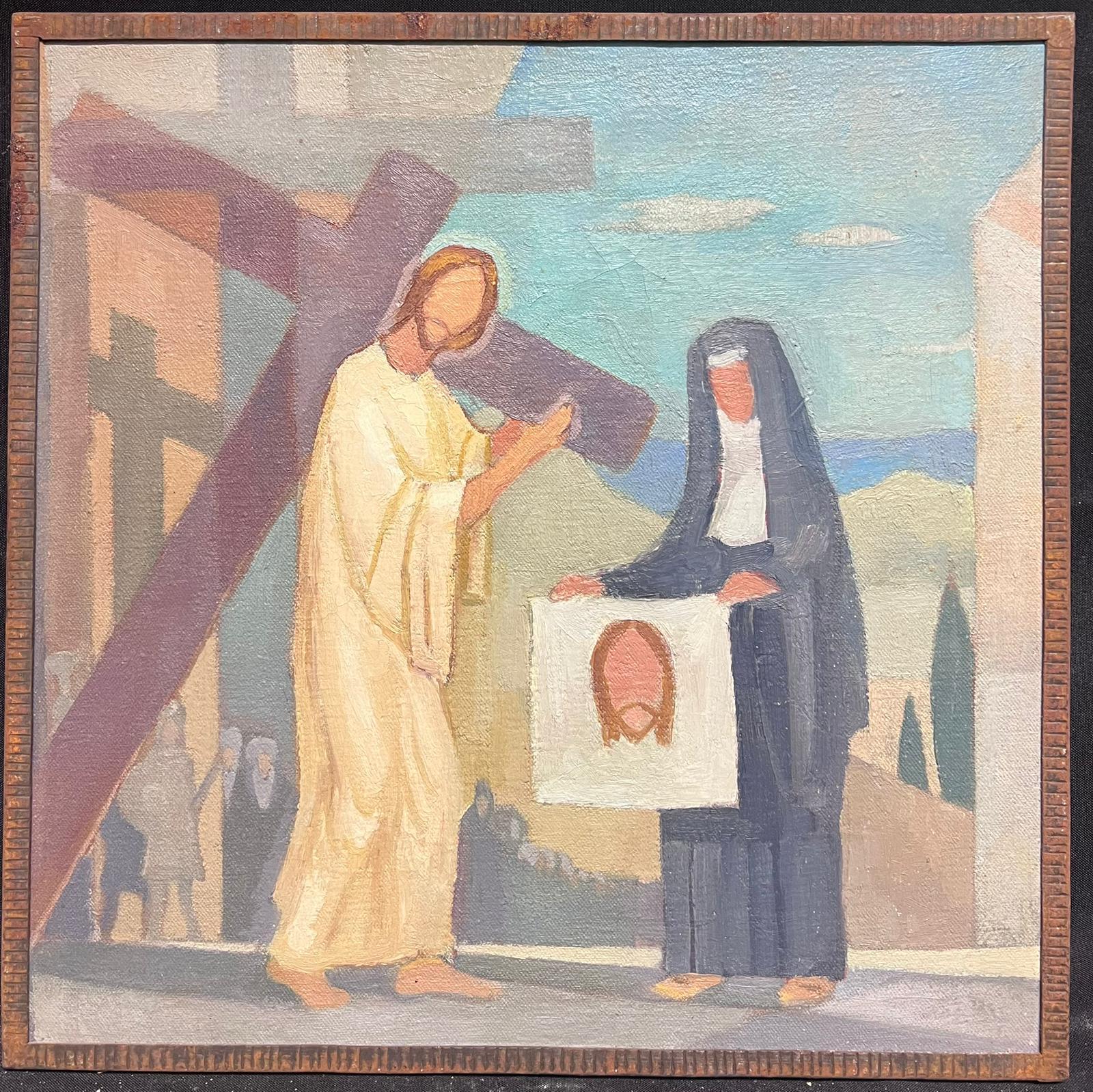 1950's French Cubist/ Modernist Oil Painting One of the Stations of the Cross  - Beige Figurative Painting by Jean Laforgue