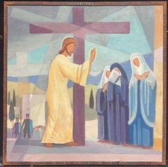 Pittura a olio cubista/modernista francese del 1950: una delle stazioni della Via Crucis