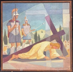 Peinture à l'huile cubiste et moderniste française des années 1950, une des stations de la croix