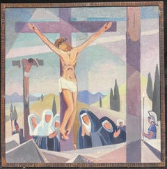 Pittura a olio cubista/modernista francese del 1950: una delle stazioni della Via Crucis
