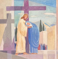 Peinture à l'huile cubiste et moderniste française des années 1950, une des stations de la croix 