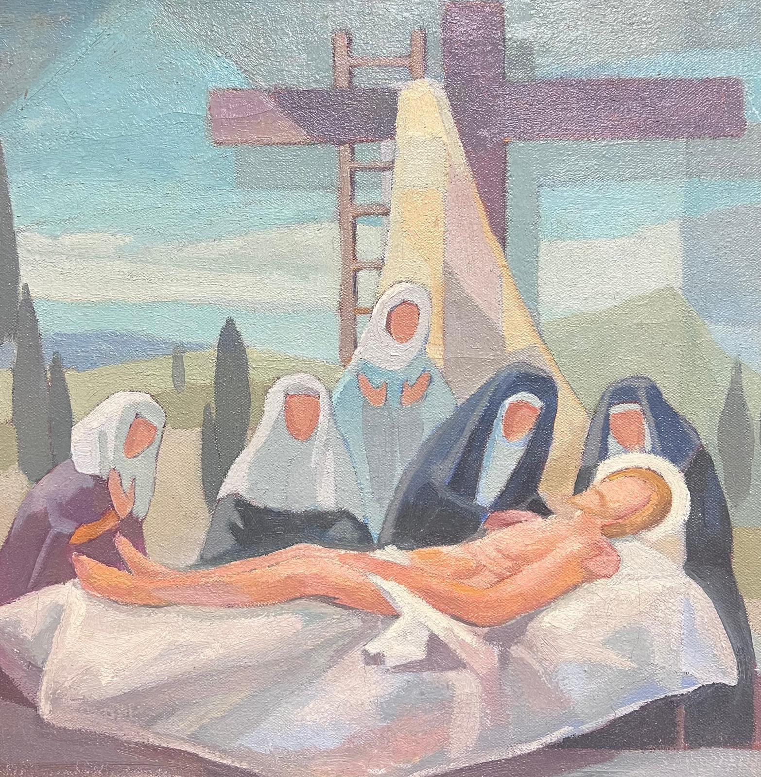 Peinture à l'huile cubiste et moderniste française des années 1950, une des stations de la croix 