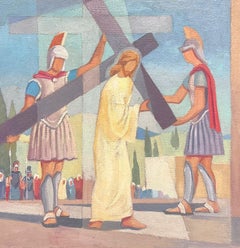 Retro 1950's French Cubist/ Modernist Oil Painting One of the Stations of the Cross 
