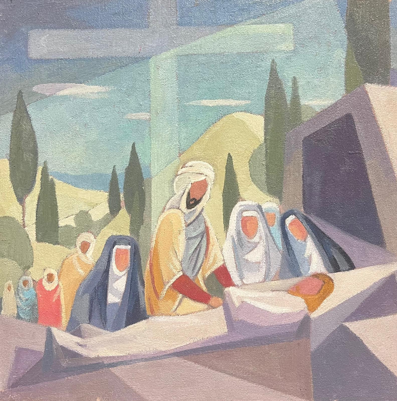 Jean Laforgue Landscape Painting - 1950's French Cubist/ Modernist Oil Painting One of the Stations of the Cross 