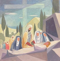 Peinture à l'huile cubiste et moderniste française des années 1950, une des stations de la croix