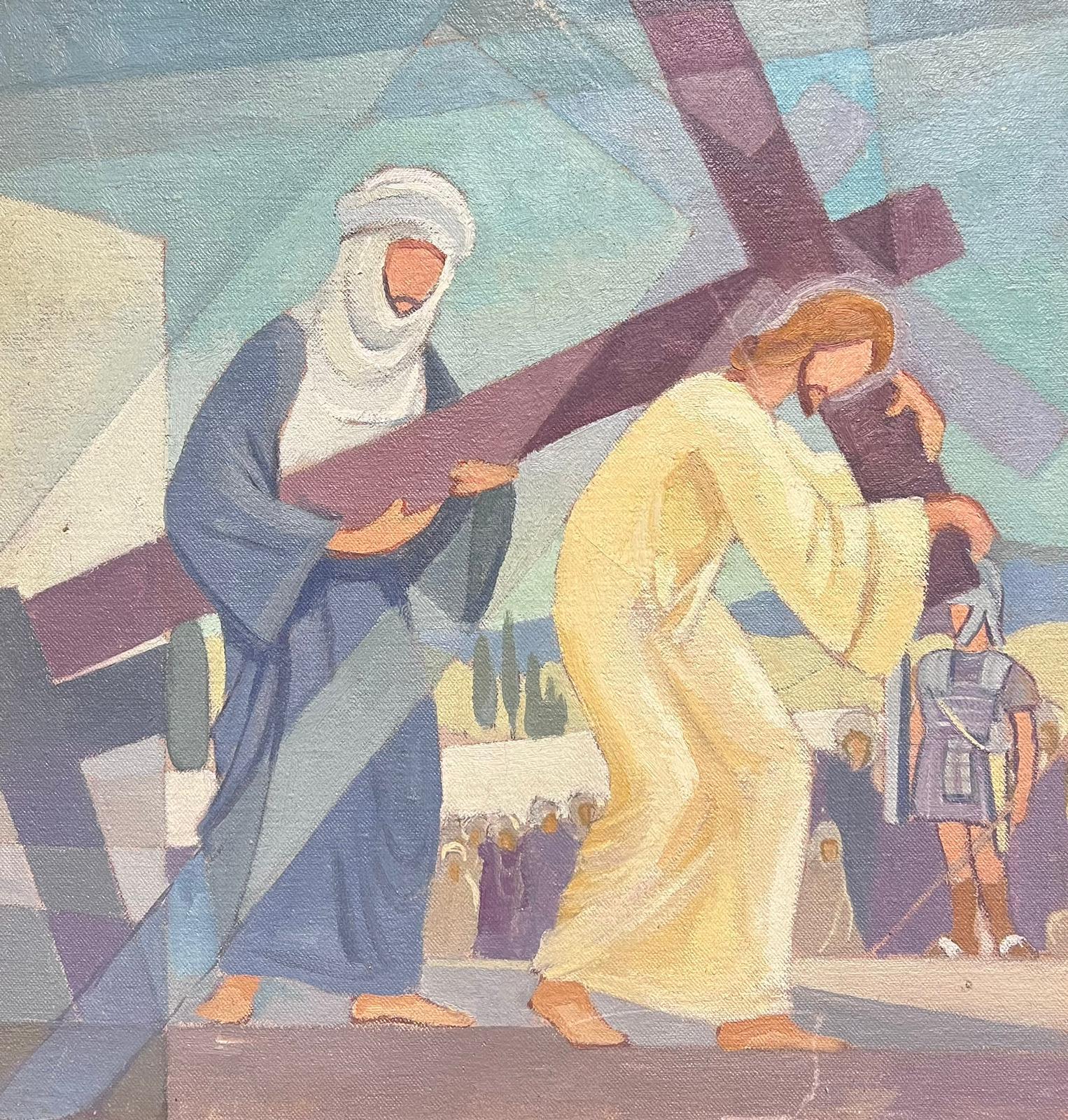 Landscape Painting di Jean Laforgue - Pittura a olio cubista/modernista francese del 1950: una delle stazioni della Via Crucis