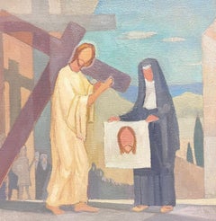 Vintage 1950's French Cubist/ Modernist Oil Painting One of the Stations of the Cross 