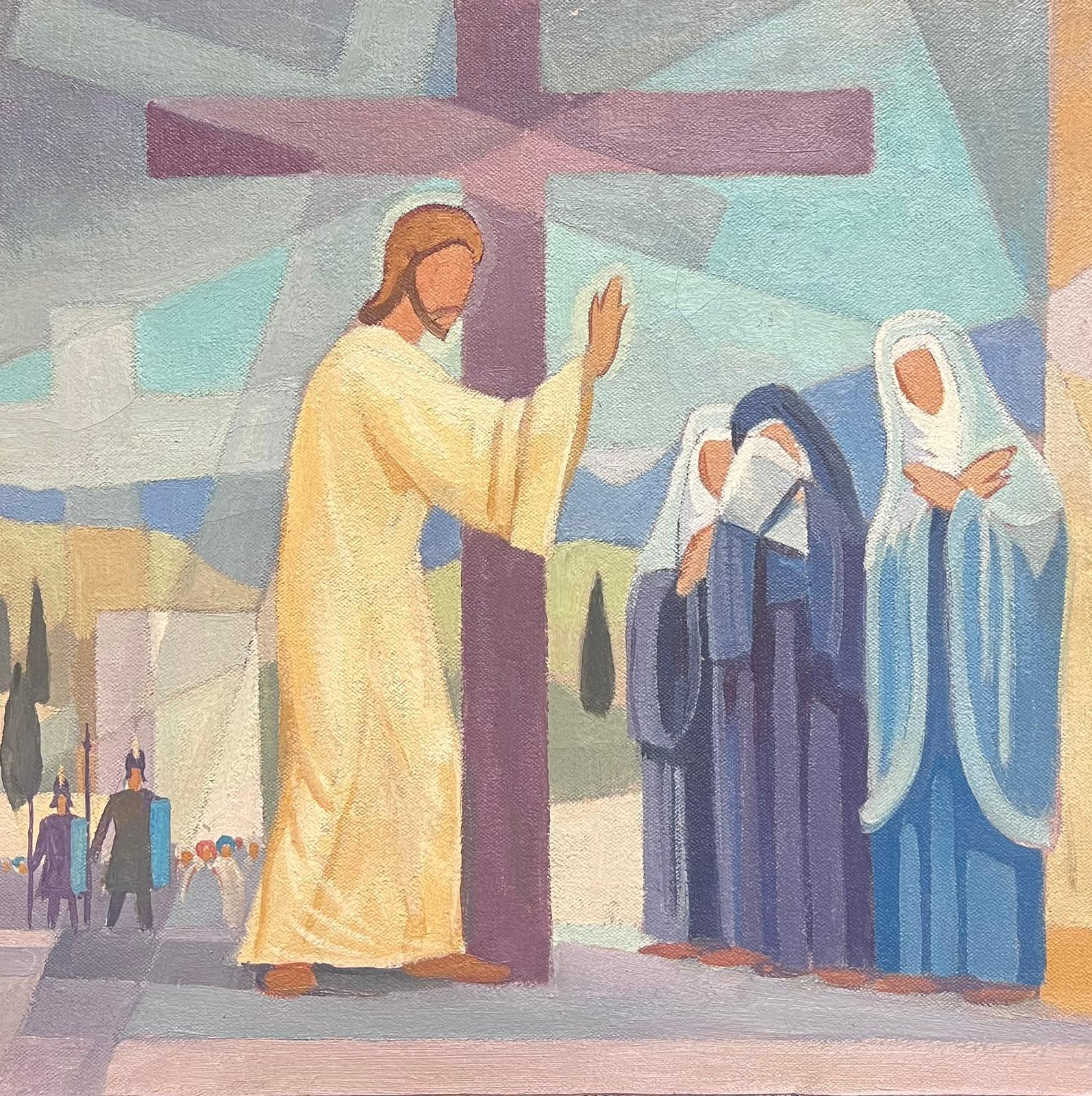 Jean Laforgue Landscape Painting - 1950's French Cubist/ Modernist Oil Painting One of the Stations of the Cross 