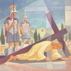 Pittura a olio cubista/modernista francese del 1950: una delle stazioni della Via Crucis