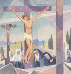 Peinture à l'huile cubiste et moderniste française des années 1950, une des stations de la croix