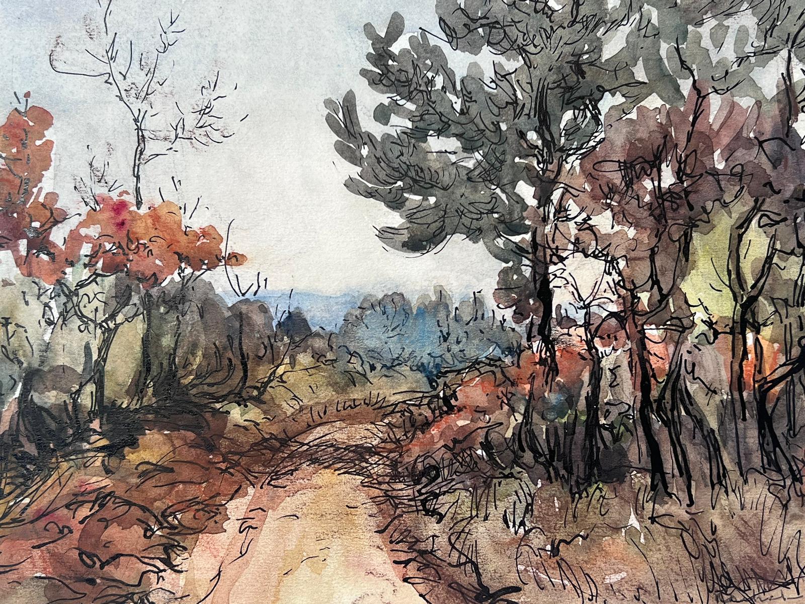 Autumn Woodland Path Mitte des 20. Jahrhunderts Französisch Post Impressionist signiert Gemälde