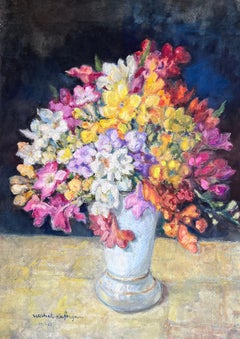 Affiche florale post-impressionniste française du milieu du 20e siècle, signée