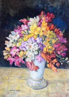 Esposizione floreale in fiore Pittura firmata post impressionista francese della metà del XX secolo