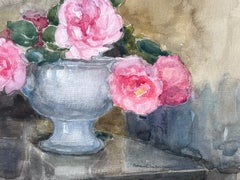 Ciotola di rose rosa Pittura firmata post impressionista francese della metà del XX secolo